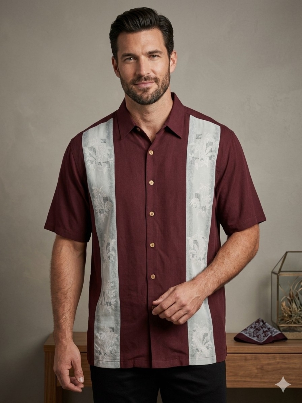 Casual Burgundy Short-Sleeve Button-Down Shirt w/Light Gray Panels Mens Size XLT